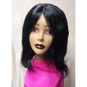 Brazilian 14" Straight % Human Hair Natural Black MIDDLE PART Med Cap22 Wig